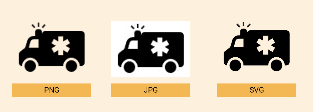 Icon eines Krankenwagens in den Formaten PNG, JPG und SVG auf einer farbigen Fläche. Beim PNG und JPG sind die Konturen verschwommen, beim SVG gestochen scharf. Das JPG hat einen weißen Hintergrund, während das Icon in den anderen Formaten direkt auf der farbigen Fläche liegt.