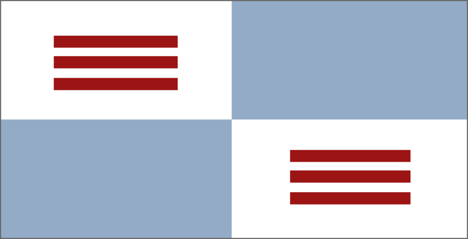 In vier Rechtecke unterteilte Folie mit Text im ersten und dritten Rechteck. Das zweite und vierte Rechteck ist eine farbige Fläche.