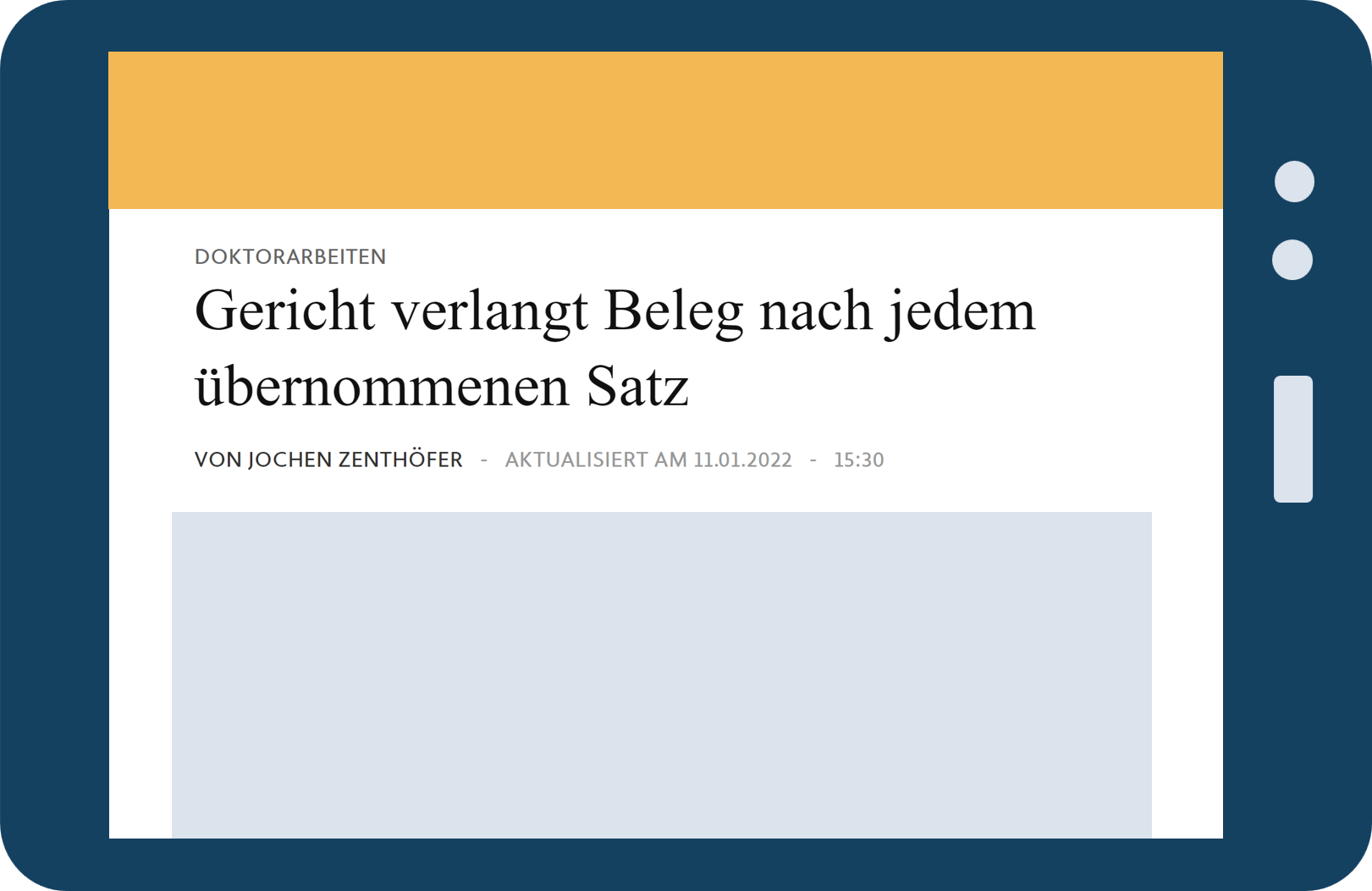 Grafik eines Tablets, auf dessen Bildschirm die Schlagzeile "Gericht verlangt Beleg nach jedem übernommenen Satz" angezeigt wird. Die Bereiche darüber und darunter sind mit farbigen Rechtecken abgedeckt.