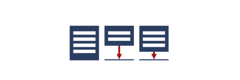 Grafik mit drei nebeneinander angeordneten Textblöcken in unterschiedlicher Höhe. Der erste Kasten ist mit vier Zeilen Text der höchste Kasten, die anderen Blöcke enthalten zwei und drei Zeilen. Unter den kleineren Blöcken weisen Pfeile jeweils senkrecht auf eine Linie, die bündig zur unteren Kante des ersten Textblocks ausgerichtet ist.