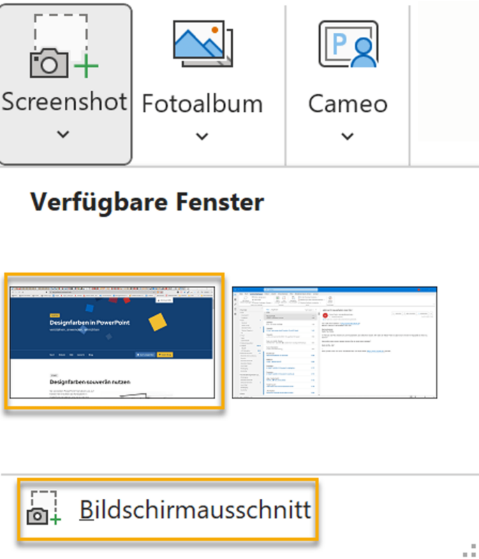 Screenshot des Screenshot-Menüs in PowerPoint. Angezeigt werden zwei verfügbare Fenster, von denen das erste markiert ist; außerdem ist der Menüpunkt Bildschirmausschnitt darunter markiert