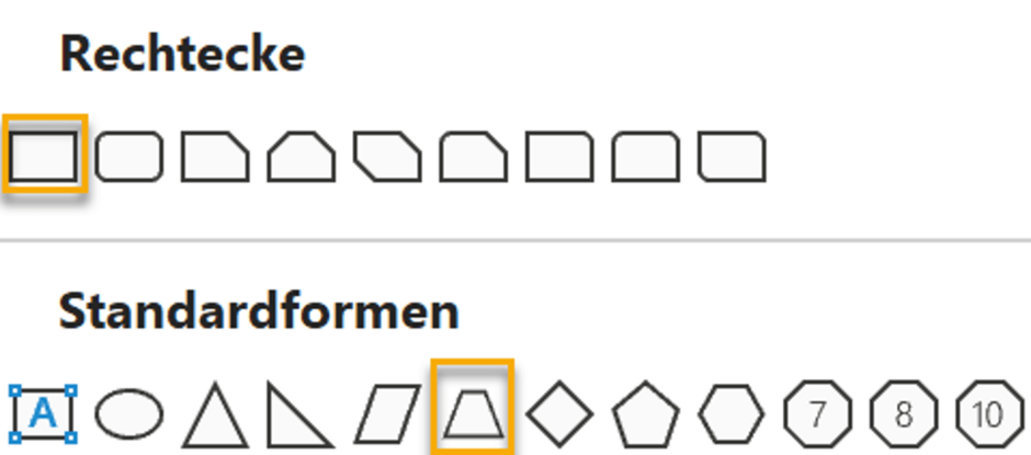 Screenshot: Ausschnitt aus dem Formenmenü in PowerPoint; markiert ist bei den Rechtecken das erste Icon und bei den Standardformen das sechste Icon.