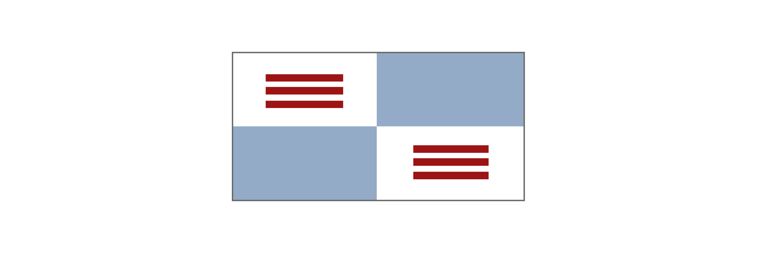 In vier Rechtecke unterteilte Folie mit Text im ersten und dritten Rechteck. Das zweite und vierte Rechteck ist eine farbige Fläche.