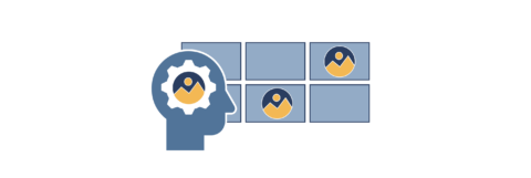 Grafik eines Kopfs im Profil vor einem Block mit sechs Folien. Auf zwei Folien befindet sich ein rundes Bildplatzhaltermotiv. Dieses Motiv ist auch in dem Kopf zu sehen. Hier befindet es sich einem Zahnrad.