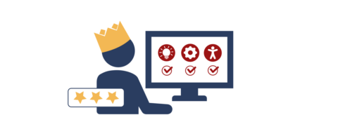 Grafik einer Person mit Krone vor einem Computer, auf dem drei Icons mit Häkchen versehen sind: eine Glühbirne, ein Zahnrad und ein Barrierefreiheitssymbol