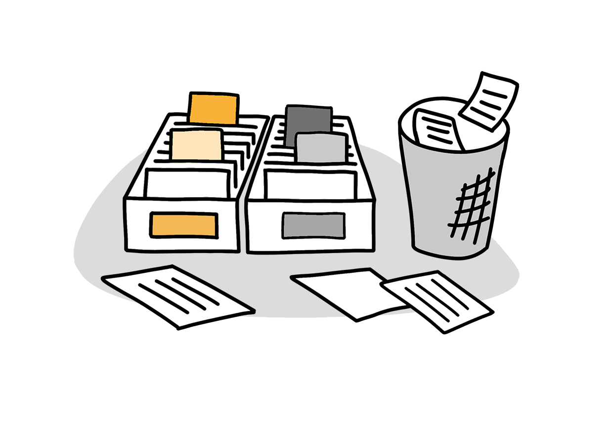 Einfache Zeichnung: zwei Karteikästen mit Trennkarten in verschiedenen Farben und ein Papierkorb. Vor den Kästen liegen drei Karten.