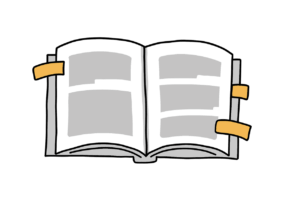 Einfache Zeichnung eines aufgeschlagenen Buches. Am Rand des Textes sind mehrere Stellen mit farbigen Indexstreifen markiert