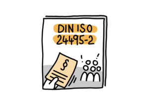 Einfache Zeichnung eines Dokuments, auf dem DIN ISO 24495-2 steht. Unter dem Titel befindet sich eine Hand, die ein Dokument mit Paragrafenzeichen an eine Personengruppe überreicht