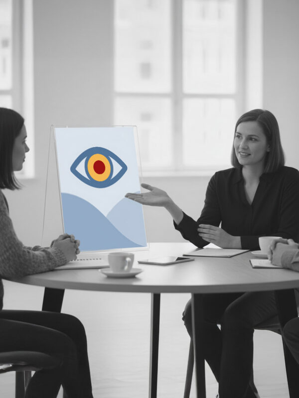 Fotorealistisches KI-Bild: Eine Frau berät zwei Personen; auf dem Tisch steht ein Tischflipchart mit einem Platzhaltergrafik mit Auge