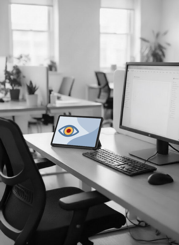 Fotorealistisches KI-Bild: Computerarbeitsplatz in einem Büro; auf dem Schreibtisch steht  ein aufgestelltes Tablet im Querformat; zu sehen ist dort eine Platzhaltergrafik mit Auge