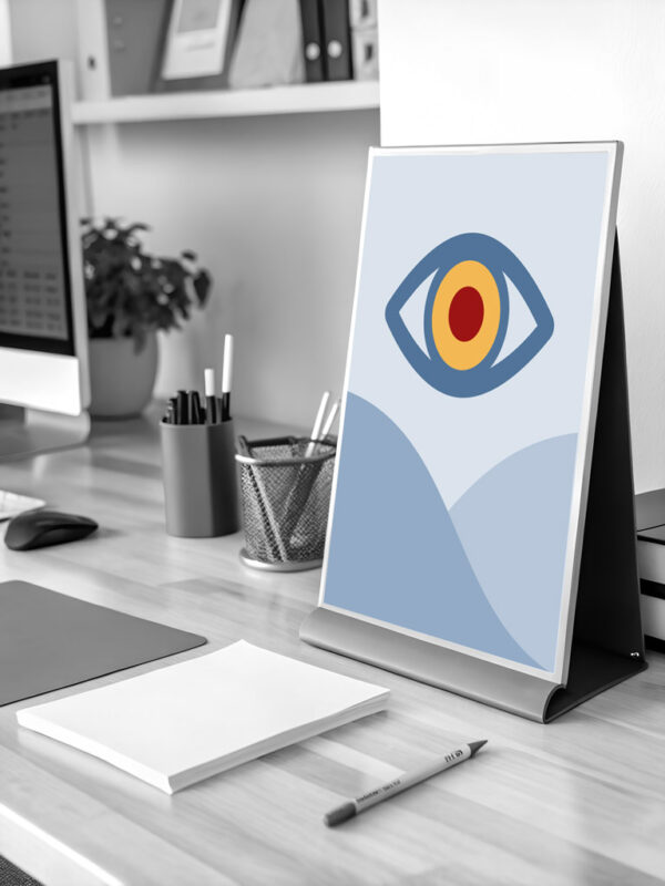 Fotorealistisches KI-Bild: Tischflipchart auf einem Schreibtisch mit einer Platzhalterhaltergrafik mit Auge