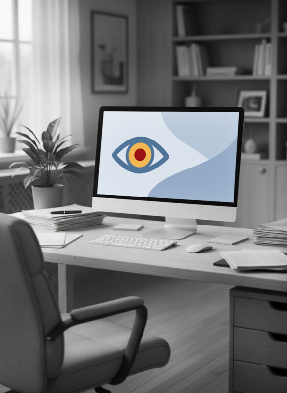 Fotorealistisches KI-Bild: Arbeitsplatz in einer Wohnung; auf dem Computerbildschirm ist eine Platzhaltergrafik mit Auge zu sehen