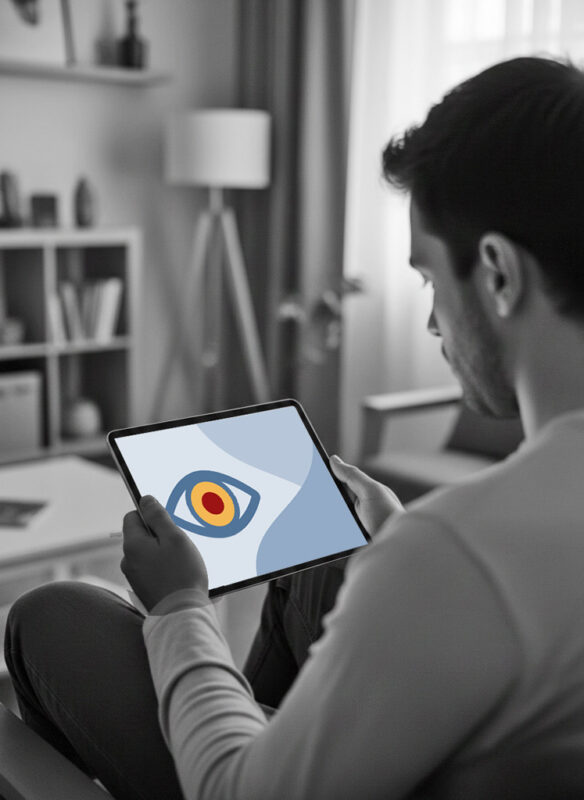 Fotorealistisches KI-Bild: Ein Mann betrachtet einen Tablet-Bildschirm im Querformat, auf dem sich eine Platzhaltergrafik mit Auge befindet