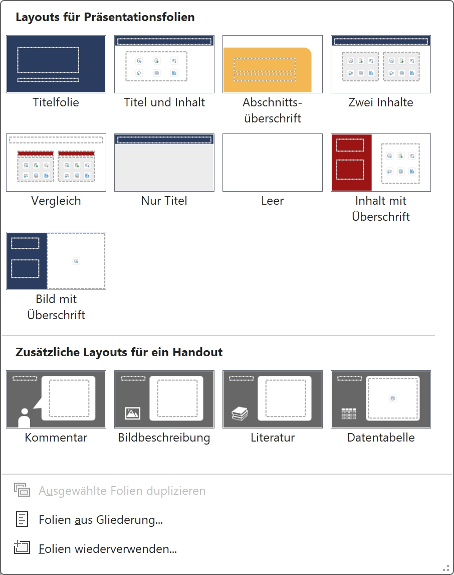 Screenshot des Folienlayout-Menüs; einige Layouts sind mit "Layouts für Präsentationsfolien" überschreiben, andere unter einer Linie mit "Zusätzliche Layouts für ein Handout"