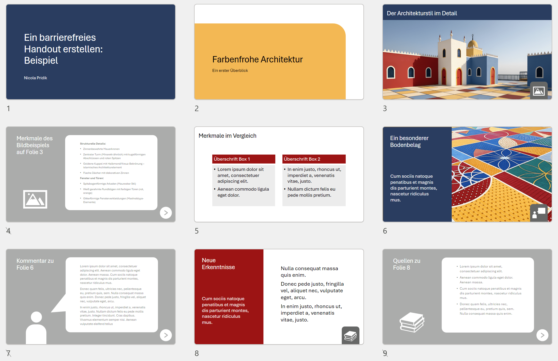 Die 9 Folien in der Foliensortierungsansicht von oben. Diesmal sind die Handout-Folien ausgeblendet.